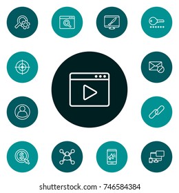 Set Of 13 Engine Outline Icons Set.Collection Of Goal, Password, Mobile And Other Elements.