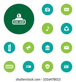 Set of 13 entertainment icons set. Collection of charging, note, recording and other elements.