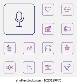 Set of 13 entertainment icons line style set. Collection of heart, sms, spam and other elements.