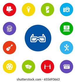 Set Of 13 Entertainment Icons Set.Collection Of Theater, Action, Cinema Fence And Other Elements.