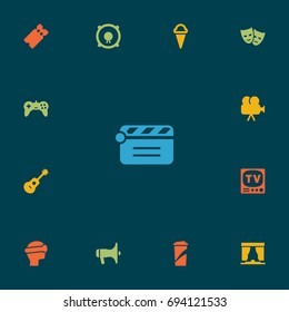 Set Of 13 Entertainment Icons Set.Collection Of Curtain, Joystick, Television And Other Elements.