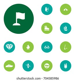 Set Of 13 Entertainment Icons Set.Collection Of Tent, Bonfire, Ship And Other Elements.