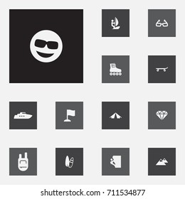 Set Of 13 Entertainment Icons Set.Collection Of Tent, Surfing, Peak And Other Elements.