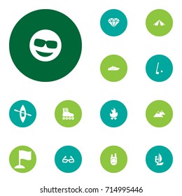 Set Of 13 Entertainment Icons Set.Collection Of Tent, Ship, Backpack And Other Elements.