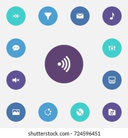Set Of 13 Entertainment Icons Set.Collection Of Wifi, Sound Off, Letter And Other Elements.