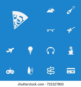 Set Of 13 Entertainment Icons Set.Collection Of Joystick, Peak, Pizzeria And Other Elements.