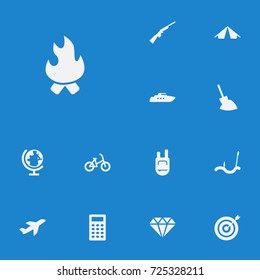 Set Of 13 Entertainment Icons Set.Collection Of Ship, Backpack, Dart And Other Elements.