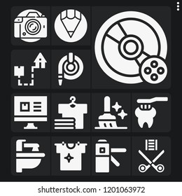 Set of 13 equipment filled icons such as film reel, photo camera, compact disc, pencil, access, shipping, laundry, computer, sweep, clean, toothbrush, sink