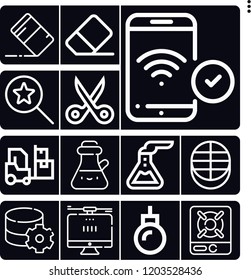 Set of 13 equipment outline icons such as phone, eraser, forklift, search, flask, burner, scissors, lightbulb, puck, oil, computer