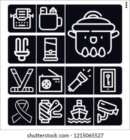 Set of 13 equipment outline icons such as guillotine, lamp, ship, pencil box, typewriter, spool of thread, radio, phone, hockey sticks, cooking pot, cctv, aids
