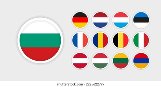Set of 13 European countries flags. Circle flags with white frame.