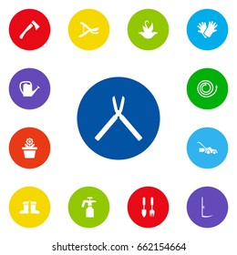 Set Of 13 Farm Icons Set.Collection Of Axe, Garden Hose, Pruner And Other Elements.