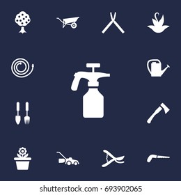 Set Of 13 Farm Icons Set.Collection Of Garden, Axe, Pruner And Other Elements.