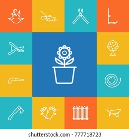 Set Of 13 Farm Outline Icons Set.Collection Of Barrow, Shears, Garden And Other Elements.