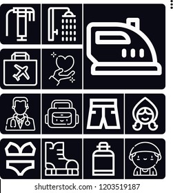 Set of 13 female outline icons such as shower, duty free, little red riding hood, polish, doctor, iron, bikini, affection, ice skate, canteen, baby bag