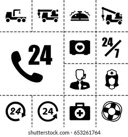 Set of 13 filled assistance icons such as truck with hook, case with heart