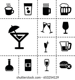 Set of 13 filled beverage icons such as vending machine, no fast food