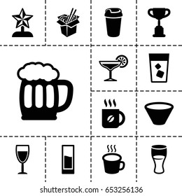Set of 13 filled cup icons such as coffee, drink, noodles fast food, cup