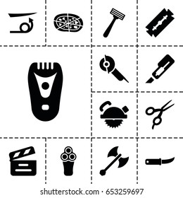 Set of 13 filled cut icons such as razor, electric razor, barber scissors