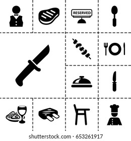Set of 13 filled dinner icons such as dish, pasta and wine glass, kebab