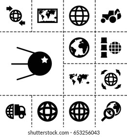 Set of 13 filled earth icons such as excavator, around the globe