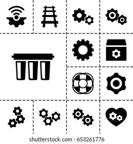 Set of 13 filled engine icons such as gear, railway, fan, gear heart