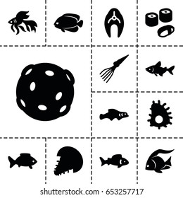 Set of 13 filled fish icons such as fish, sushi, extinct sea creature