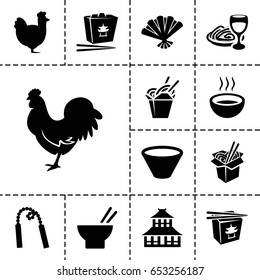 Set of 13 filled icons such as chicken, temple, Chinese fast food, asian food