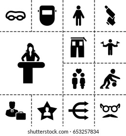 Set of 13 filled icons such as man with flags, airport desk, pants