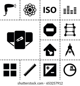 Set of 13 filled icons such as compass, ruler, diaper, hair dryer, equalizer