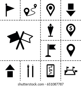  set of 13 filled marker icons such as flag, distance, location, location pin, locations, pen, arrow up, arrow down, dollar location