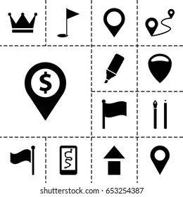 Set of 13 filled marker icons such as distance, flag, highlighter, gold flag