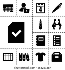Set of 13 filled office icons such as document, t-shirt, man with laptop, file