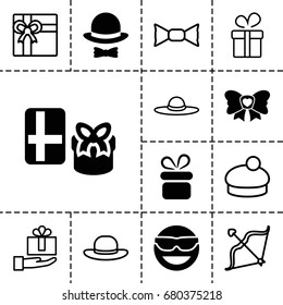 set of 13 filled and outline  icons such as present, emot in sun glasses, gift, woman hat