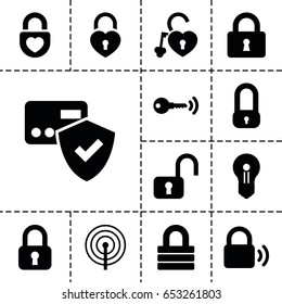 Set of 13 filled padlock icons such as lock, heart lock, key, keyhole