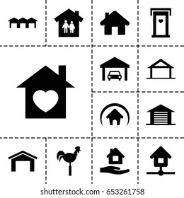 Set of 13 filled roof icons such as home, door with heart, garage