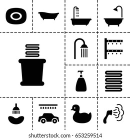 Set of 13 filled shower icons such as shower, duck, soap, towels, car wash