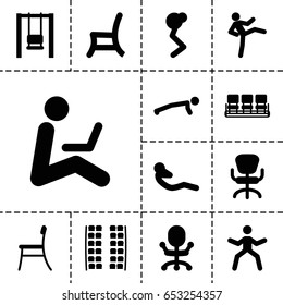 Set of 13 filled sit icons such as plane seats, chair, office chair