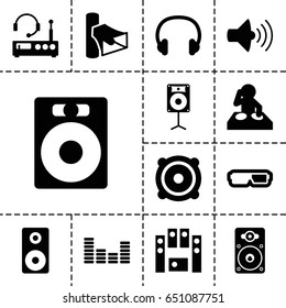 set of 13 filled stereo icons such as volume, speaker, loud speaker set, equalizer, loudspeaker, headset, listening device, 3d glasses