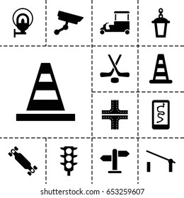 Set of 13 filled street icons such as barrier, cone barrier, road, cone