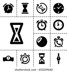 Set of 13 filled timer icons such as alarm, clock, wrist watch, hourglass