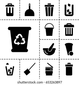 Set of 13 filled trash icons such as trash bin, dustpan, recycle bin, bucket