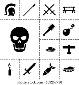 Set of 13 filled war icons such as bomb, rocket bomb, skull, knight, sword