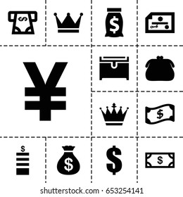 Set of 13 filled wealth icons such as crown, money, coin, money sack