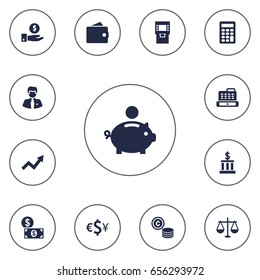Set Of 13 Finance Icons Set.Collection Of Worker, Building, Save Money And Other Elements.