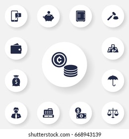 Set Of 13 Finance Icons Set.Collection Of Ingot, Purse, Balance And Other Elements.