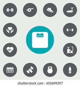 Set Of 13 Fitness Icons Set.Collection Of Treadmill, Barbell, Drink And Other Elements.
