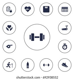 Set Of 13 Fitness Icons Set.Collection Of Dumbbell, Heart In Hand, Blower Elements.
