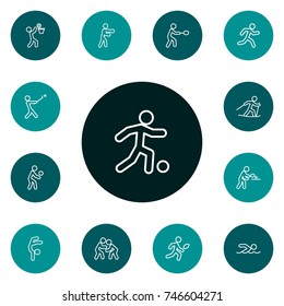 Set Of 13 Fitness Outline Icons Set.Collection Of Pong Ping, Stick, Diving And Other Elements.
