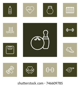 Set Of 13 Fitness Outline Icons Set.Collection Of Scales, Trekking Shoes, Whistle And Other Elements.
